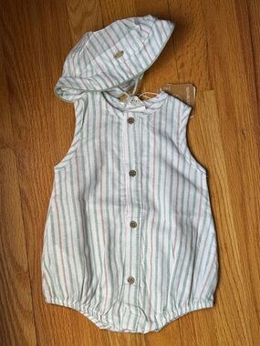 Mayoral Green and White Striped Hooded Baby One-Piece Bodysuit